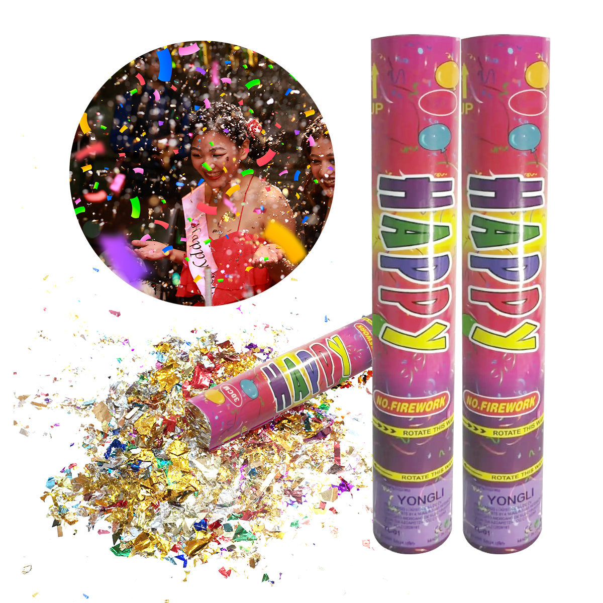 Lanza Confeti Metálico Multicolor 5pz para fiestas con Cartón Reforzado .